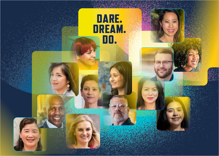Headshots of 13 diverse people who have participated in the Dare, Dream, Do campaign